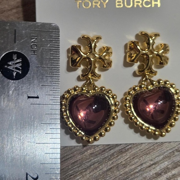 NWT Tory Burch Gold and mauve Heart Earrings - Picture 5 of 5